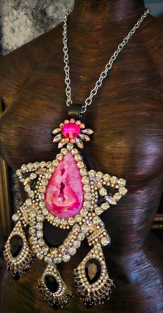 Ornate Art Deco Style Rhinestone Statement Pendant, 1920's Inspired Holiday Glamour Chest Piece, Hot Pink Black & Silver Bling