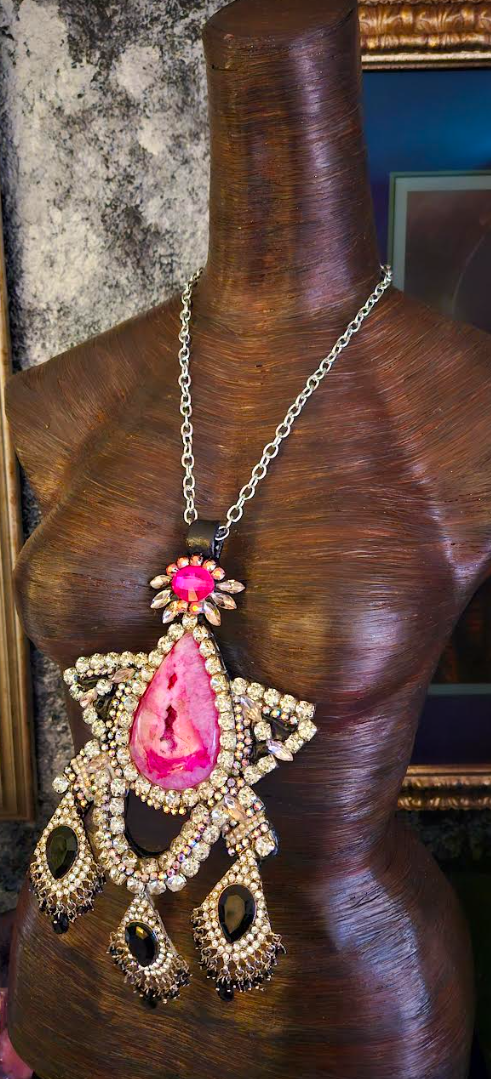 Ornate Art Deco Style Rhinestone Statement Pendant, 1920's Inspired Holiday Glamour Chest Piece, Hot Pink Black & Silver Bling