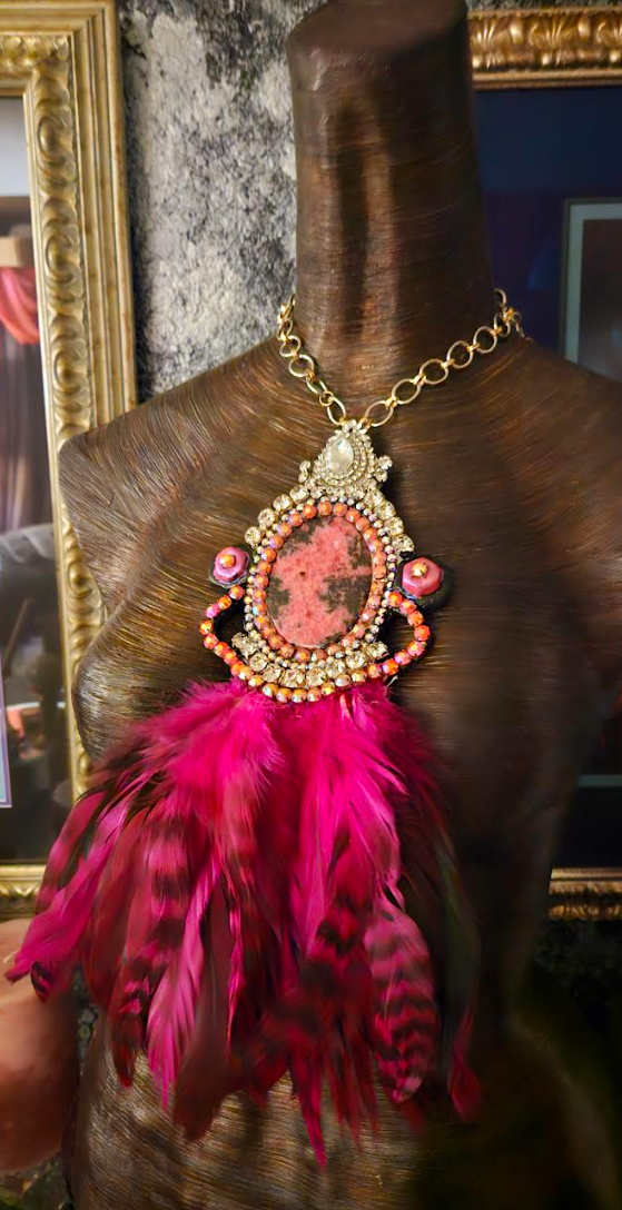 Agate Rhinestone and Feather Gatsby Revival Chest Piece, Theatrical Style Jewelry, Flamboyant Gemstone Statement Pendant