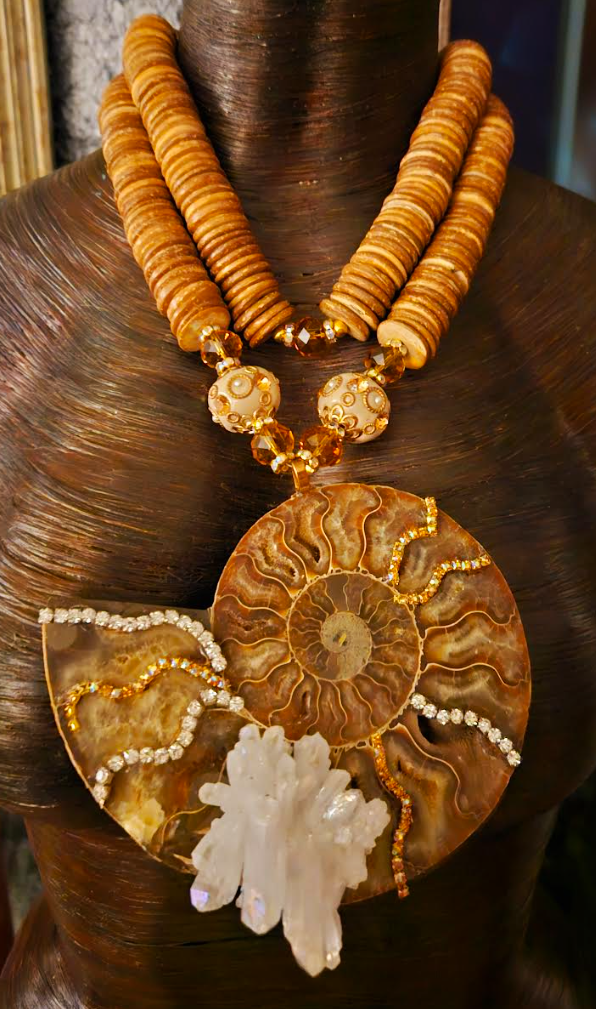 Exotic Earth Tone Ammonite Quartz Rhinestone and Coconut Statement Necklace, Prehistoric Fossil Chest Piece, OOAK Wearable Art Kat Kouture