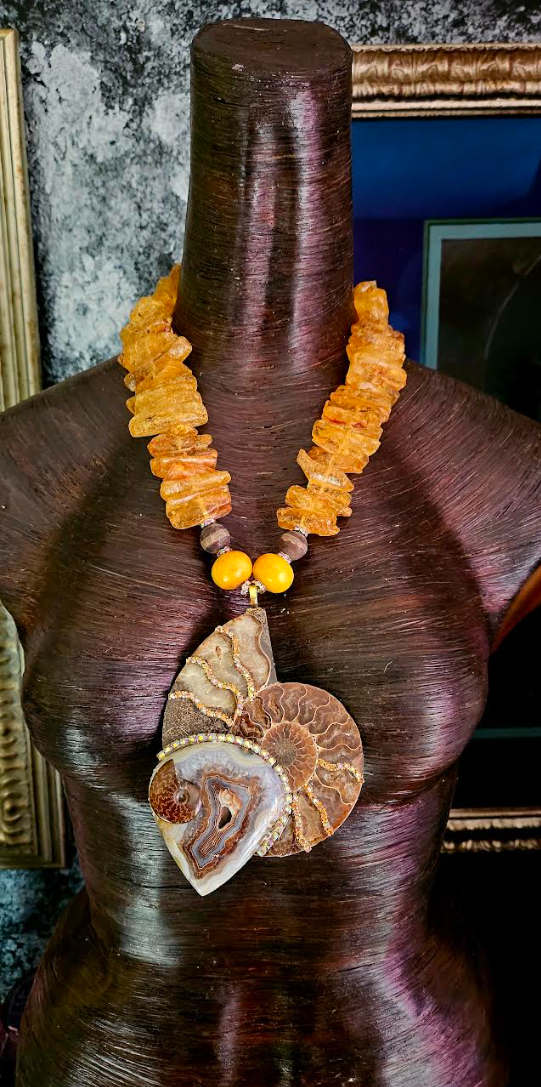 Ammonite Mexican Amber & Druzy Agate Dramatic Pendant - Genuine Amber Statement Necklace - Prehistoric Fossil Talisman - Kat Kouture Jewelry