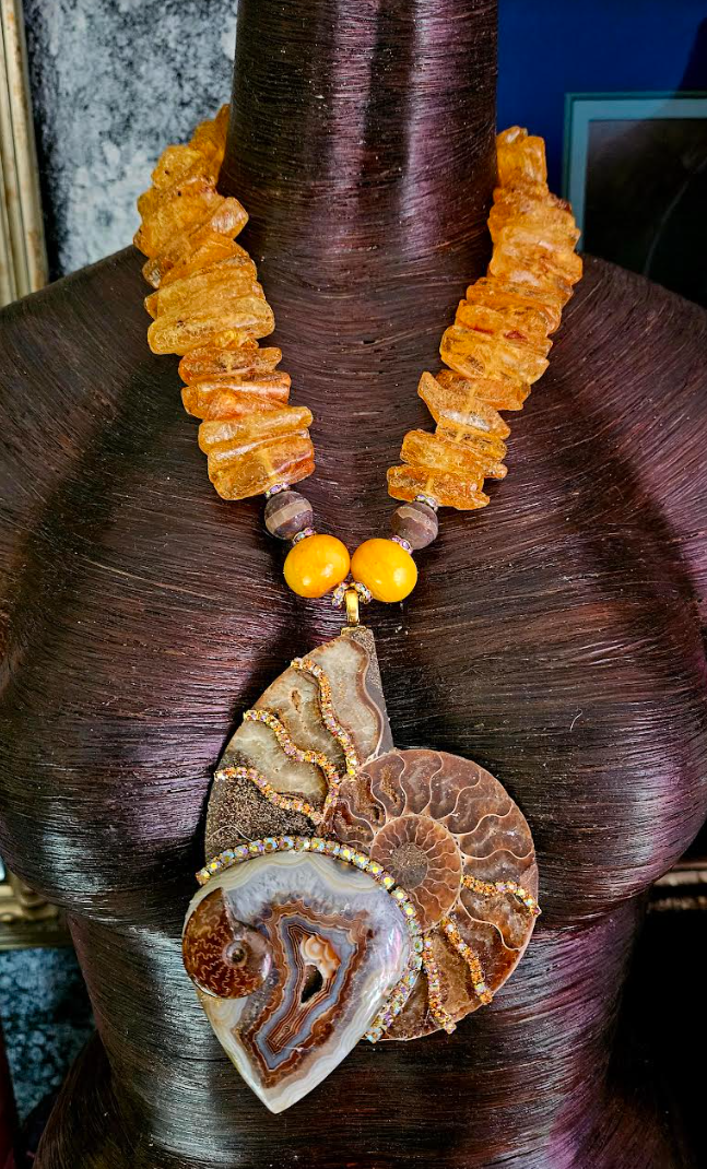 Ammonite Mexican Amber & Druzy Agate Dramatic Pendant - Genuine Amber Statement Necklace - Prehistoric Fossil Talisman - Kat Kouture Jewelry