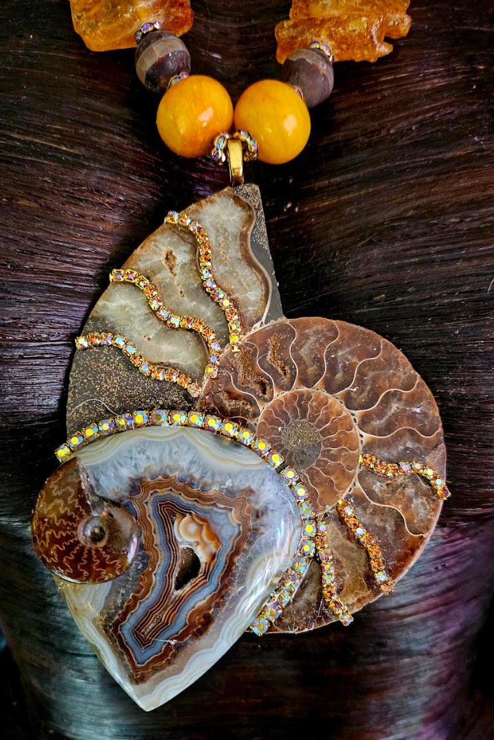 Ammonite Mexican Amber & Druzy Agate Dramatic Pendant - Genuine Amber Statement Necklace - Prehistoric Fossil Talisman - Kat Kouture Jewelry