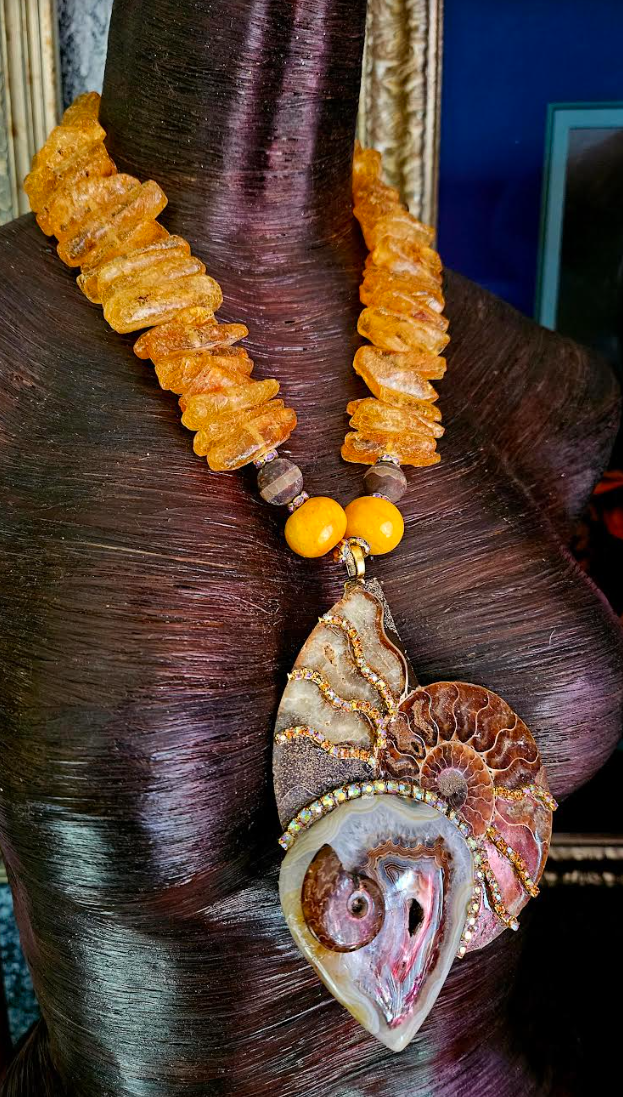 Ammonite Mexican Amber & Druzy Agate Dramatic Pendant - Genuine Amber Statement Necklace - Prehistoric Fossil Talisman - Kat Kouture Jewelry