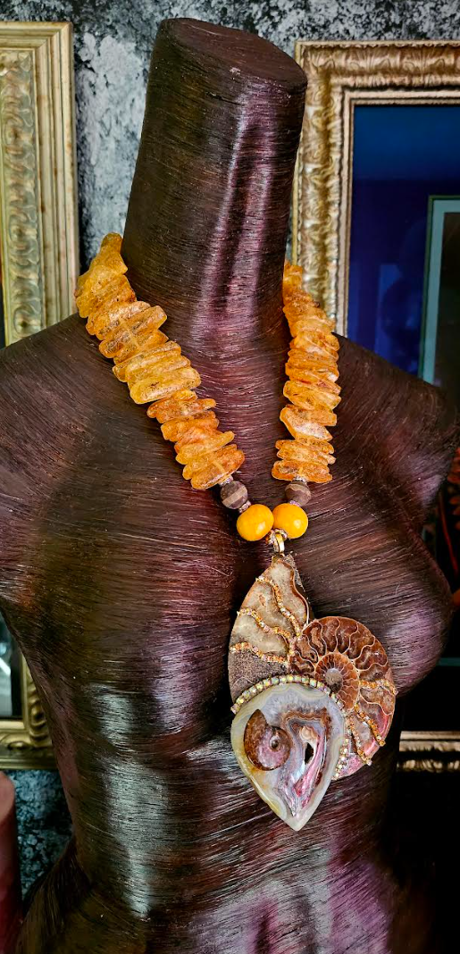 Ammonite Mexican Amber & Druzy Agate Dramatic Pendant - Genuine Amber Statement Necklace - Prehistoric Fossil Talisman - Kat Kouture Jewelry