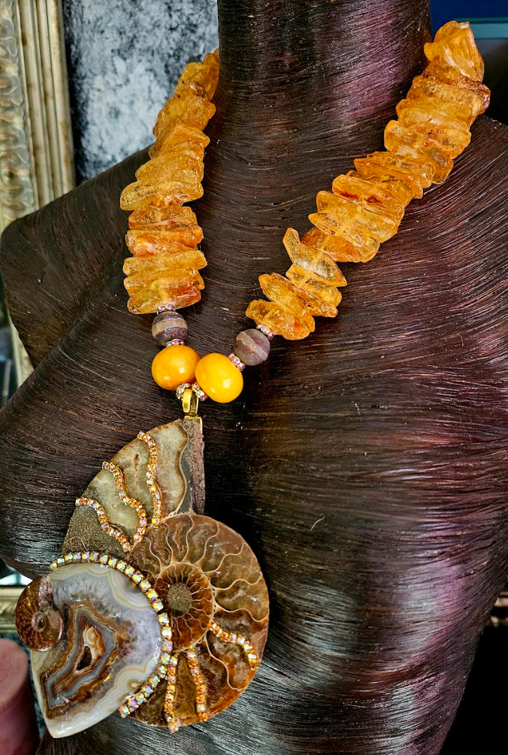 Ammonite Mexican Amber & Druzy Agate Dramatic Pendant - Genuine Amber Statement Necklace - Prehistoric Fossil Talisman - Kat Kouture Jewelry