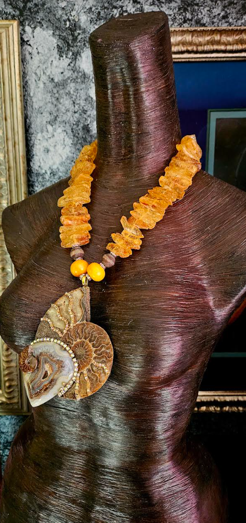 Ammonite Mexican Amber & Druzy Agate Dramatic Pendant - Genuine Amber Statement Necklace - Prehistoric Fossil Talisman - Kat Kouture Jewelry