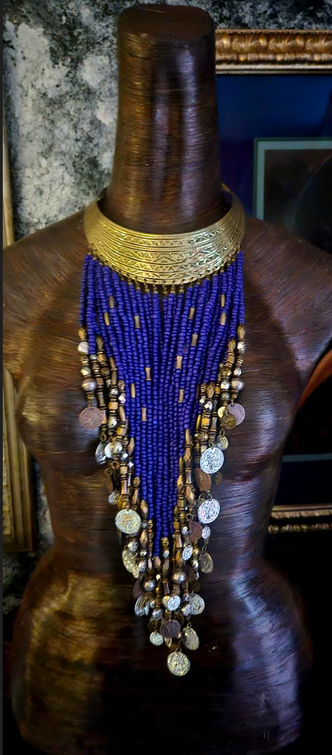 Ornate Beaded With Faux Coin Ethnic Torc for Unisex, Purple & Silver Waterfall Bead Chest Piece, Tribal Statement Necklace