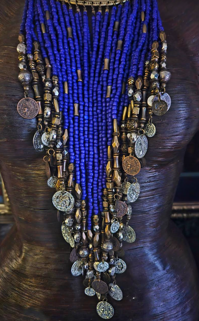Ornate Beaded With Faux Coin Ethnic Torc for Unisex, Purple & Silver Waterfall Bead Chest Piece, Tribal Statement Necklace