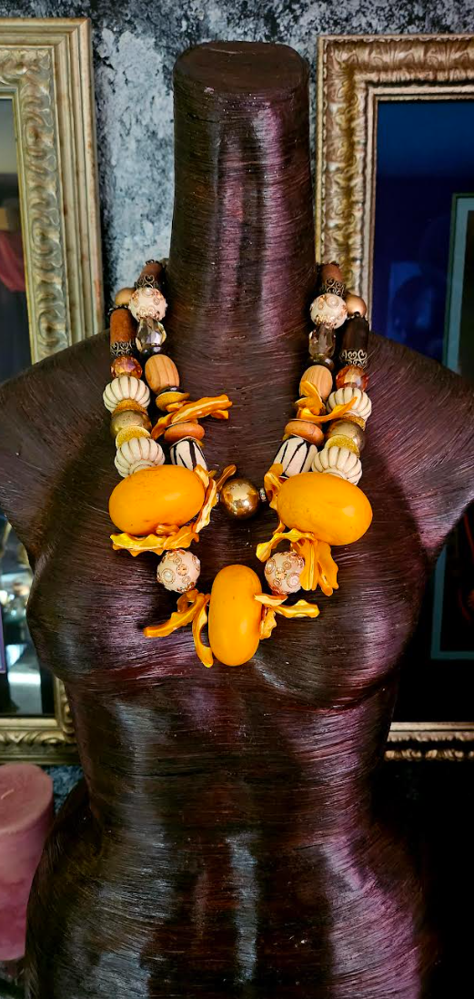 Statement Choker Oversized Beads Orange Beige Gold, Jewelry Summer Women of Color, Haute Couture Socialite