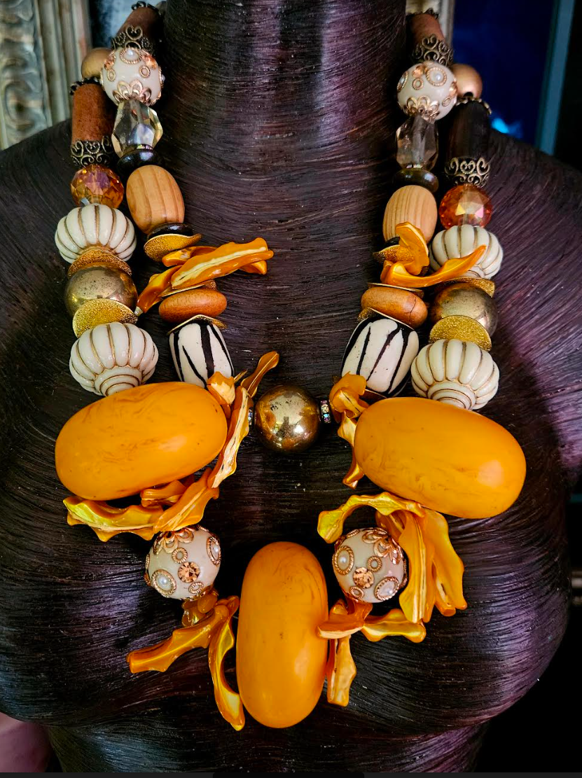 Statement Choker Oversized Beads Orange Beige Gold, Jewelry Summer Women of Color, Haute Couture Socialite