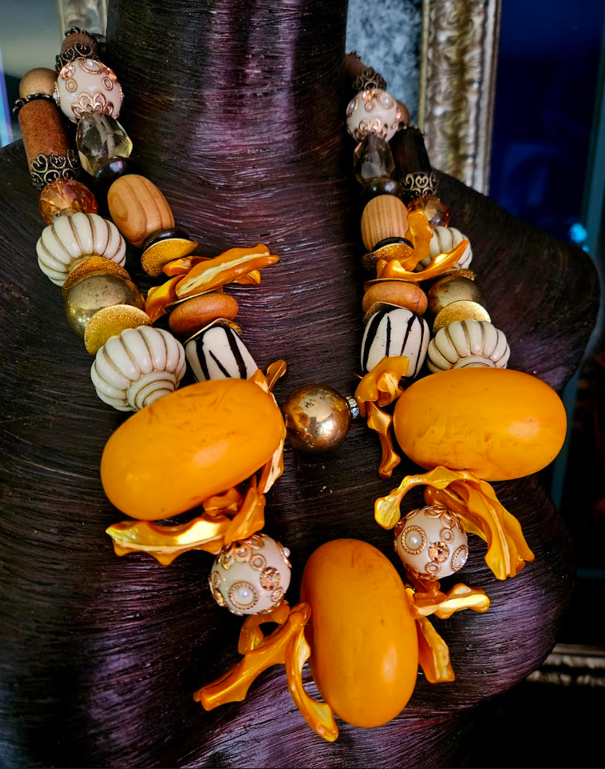 Statement Choker Oversized Beads Orange Beige Gold, Jewelry Summer Women of Color, Haute Couture Socialite