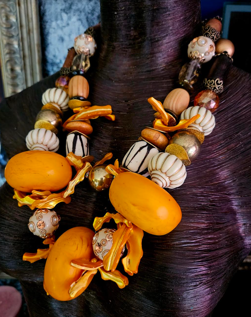 Statement Choker Oversized Beads Orange Beige Gold, Jewelry Summer Women of Color, Haute Couture Socialite