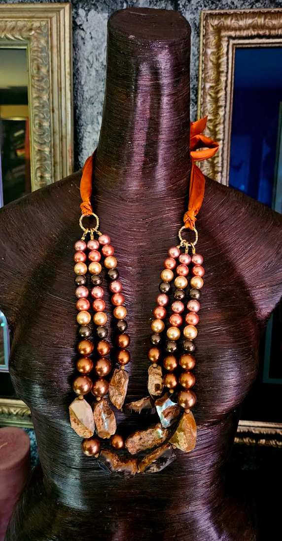 Cultured Pearl & Rough Agate Triple Strand XL Bib Necklace, Brown Bronze Gold and Orange Autumn Jewelry, Women of Color Statement Necklace