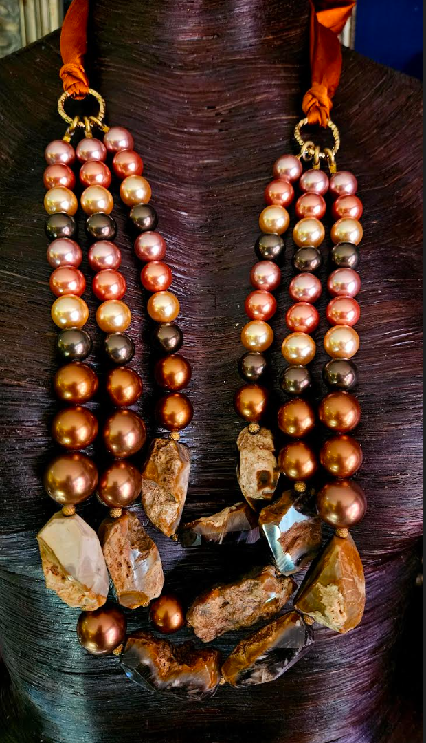 Cultured Pearl & Rough Agate Triple Strand XL Bib Necklace, Brown Bronze Gold and Orange Autumn Jewelry, Women of Color Statement Necklace