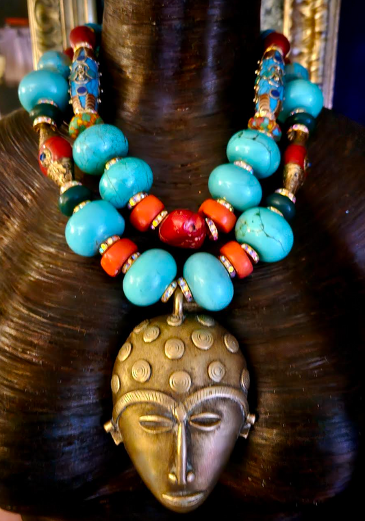 Lost Wax Brass African Mask Androgynous Tribal Necklace - Bold Chunky & Heavy Beaded Ethnic Choker - Kat Kouture Jewelry