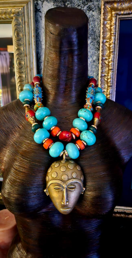 Lost Wax Brass African Mask Androgynous Tribal Necklace - Bold Chunky & Heavy Beaded Ethnic Choker - Kat Kouture Jewelry