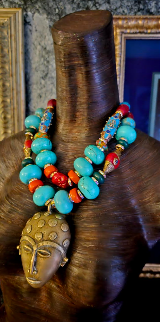 Lost Wax Brass African Mask Androgynous Tribal Necklace - Bold Chunky & Heavy Beaded Ethnic Choker - Kat Kouture Jewelry