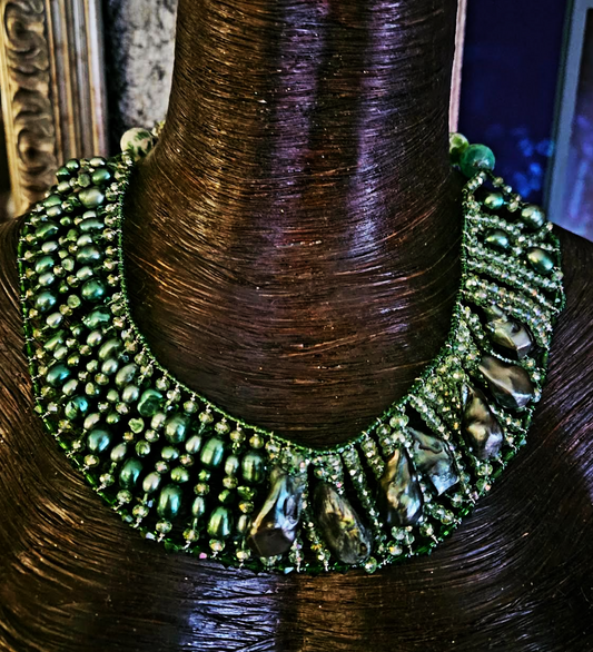 Dark Green Faceted Crystal and Fancy Baroque Freshwater Pearl Statement Necklace, Egyptian Revival Pearl and Bead Collar, Elegant Rich Professional Jewelry