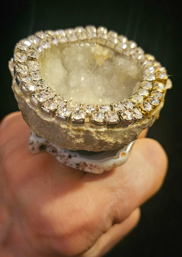 Heavily Crystallized Geode Adjustable Statement Ring With Rhinestone Trim, Avant Garde Flashy Finger Candy, Oversized Gemstone Cocktail Ring, Rocker Chic Cocktail Ring Unisex