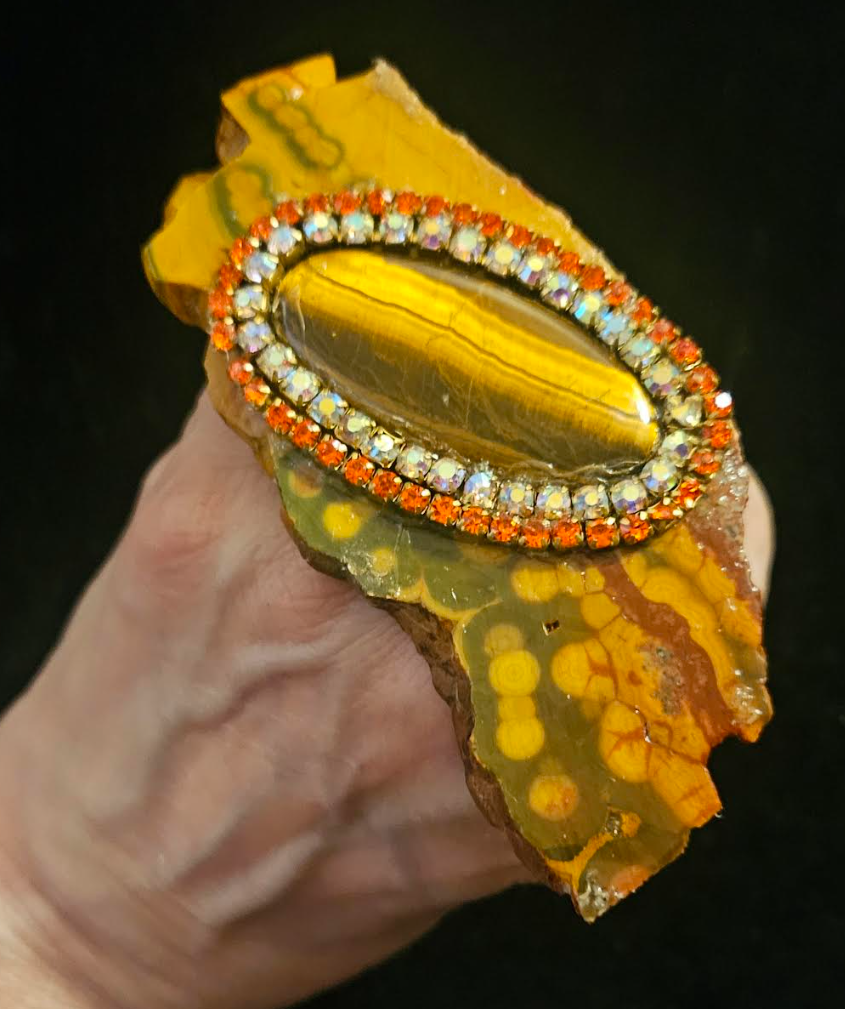 Ocean Jasper Slab Tigers Eye & Rhinestone Oversized Adjustable Hand Ring, Finger Candy for Women of Color, OOAK Wearable Art Fantasy Ring