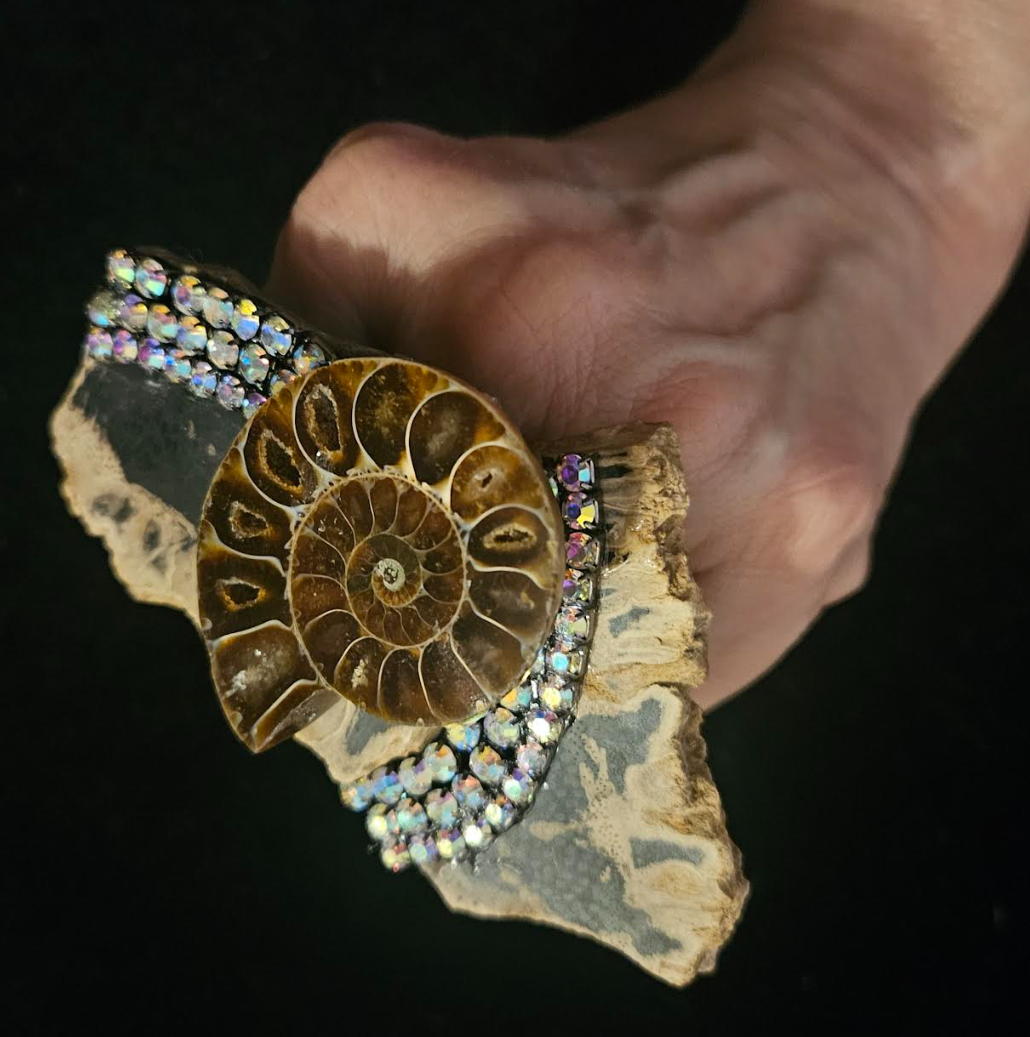 Earth Tone Raw Rough Jasper Slab With Ammonite & Rhinestones, Oversized Adjustable Gemstone Hand Ring Unisex, Bohemian Couture Finger Candy