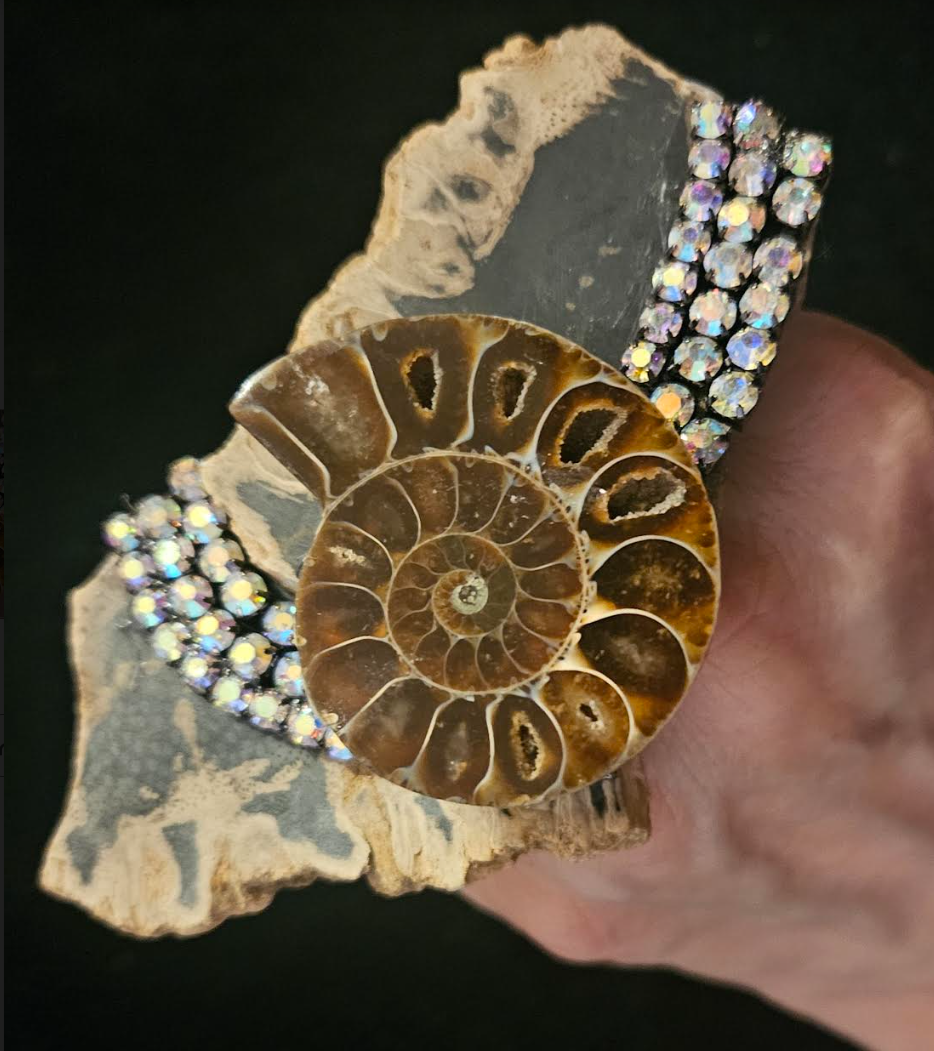 Earth Tone Raw Rough Jasper Slab With Ammonite & Rhinestones, Oversized Adjustable Gemstone Hand Ring Unisex, Bohemian Couture Finger Candy