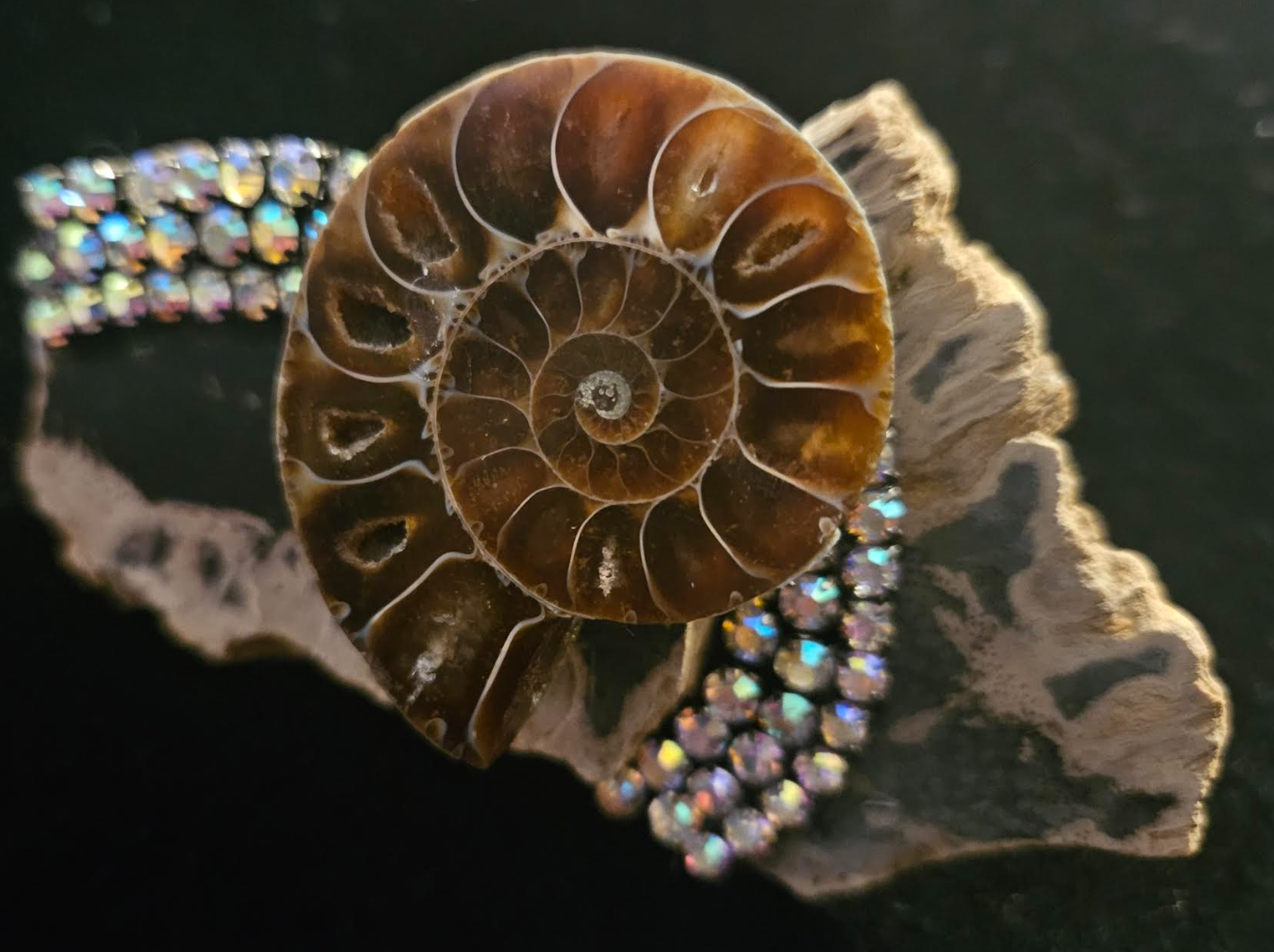 Earth Tone Raw Rough Jasper Slab With Ammonite & Rhinestones, Oversized Adjustable Gemstone Hand Ring Unisex, Bohemian Couture Finger Candy