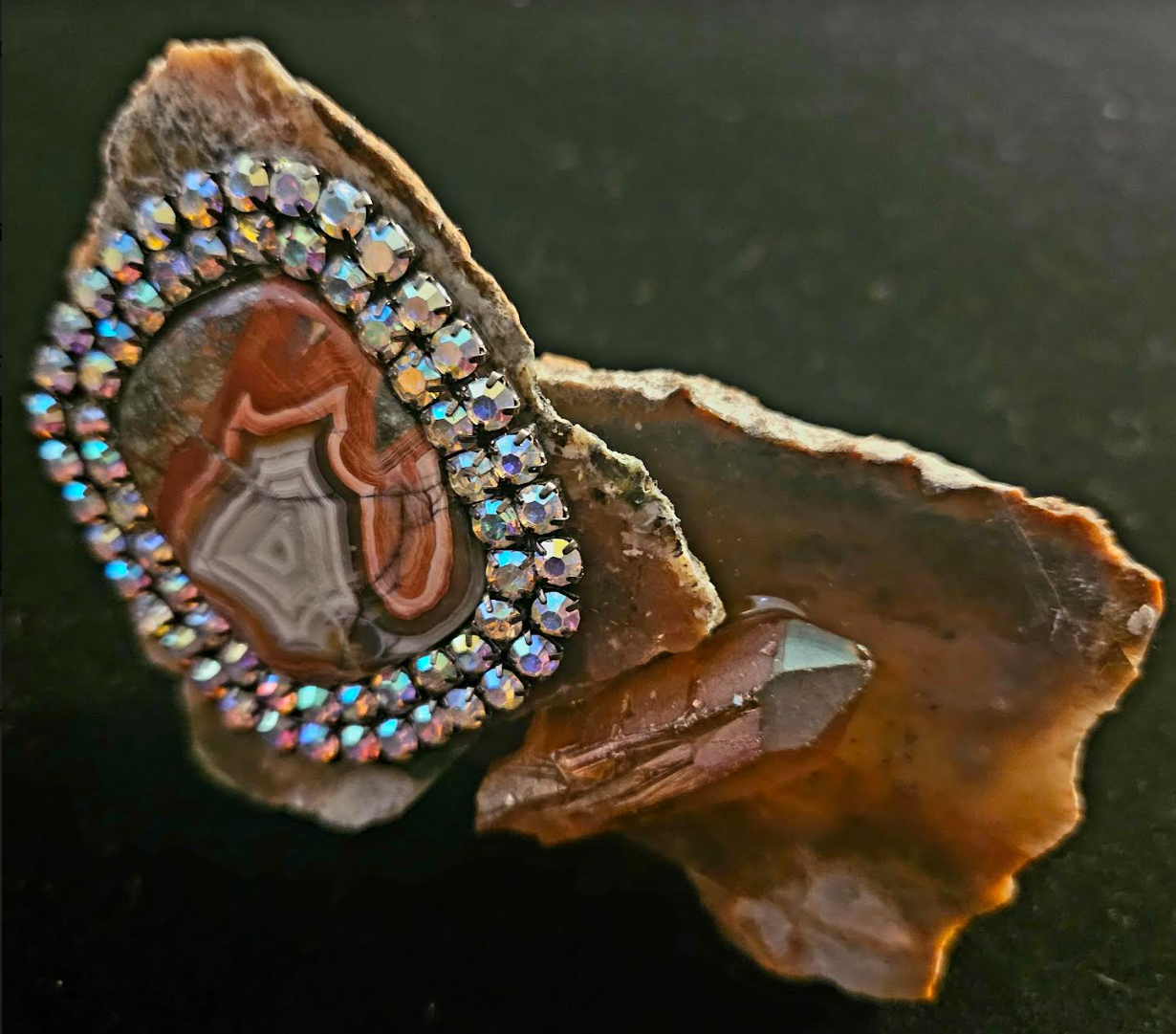 Jasper Slab Hand Ring with Crazy Lace Agate Crystal & Rhinestones, Rustic Unisex Gemstone Statement Ring, Wearable Art Finger Candy