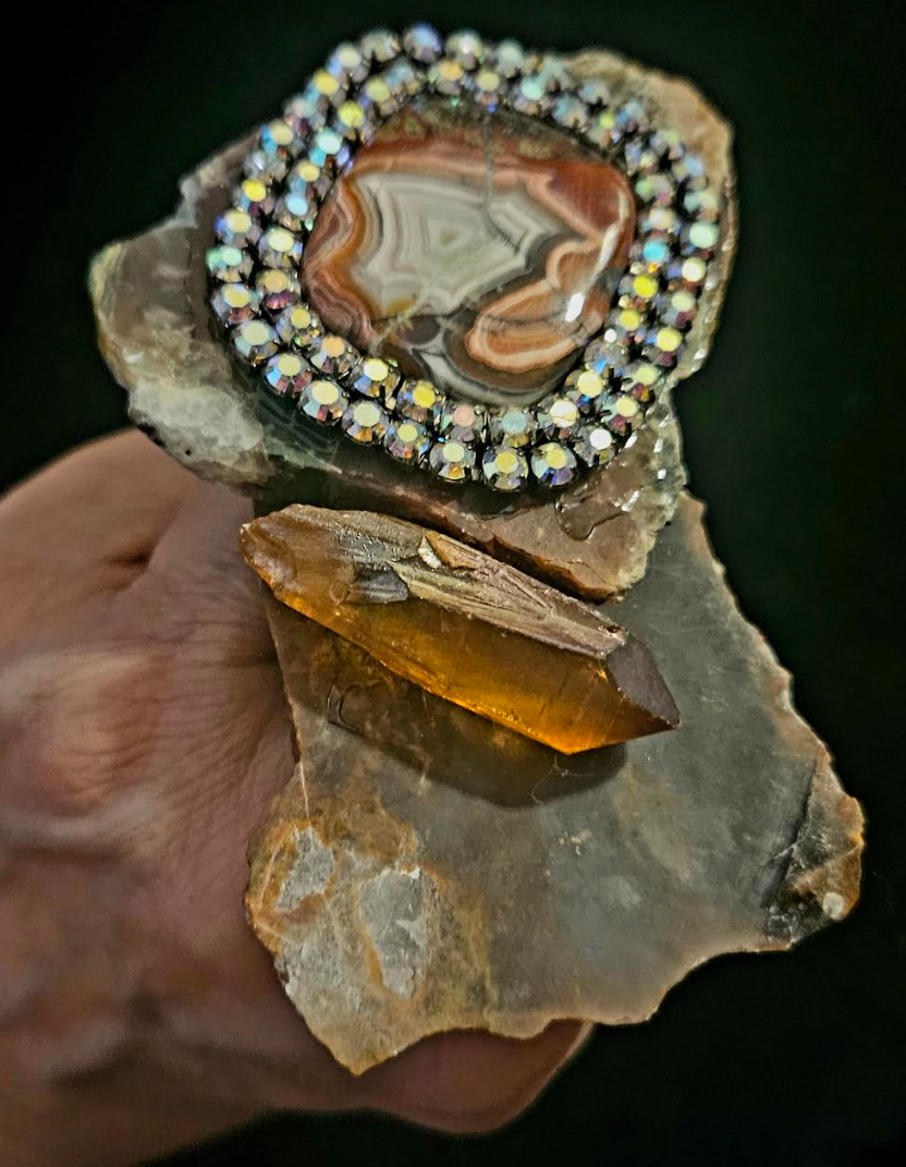 Jasper Slab Hand Ring with Crazy Lace Agate Crystal & Rhinestones, Rustic Unisex Gemstone Statement Ring, Wearable Art Finger Candy