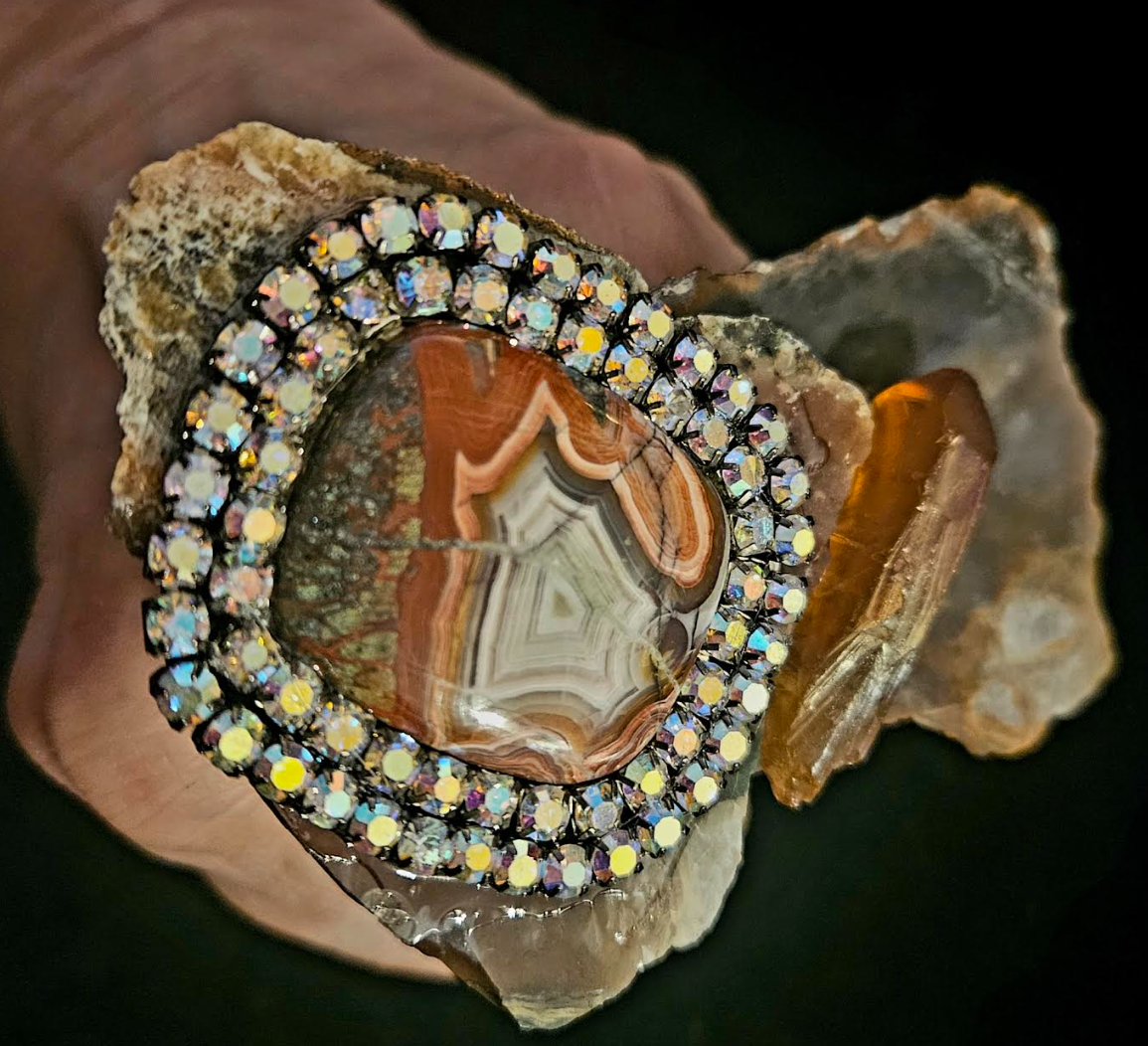 Jasper Slab Hand Ring with Crazy Lace Agate Crystal & Rhinestones, Rustic Unisex Gemstone Statement Ring, Wearable Art Finger Candy