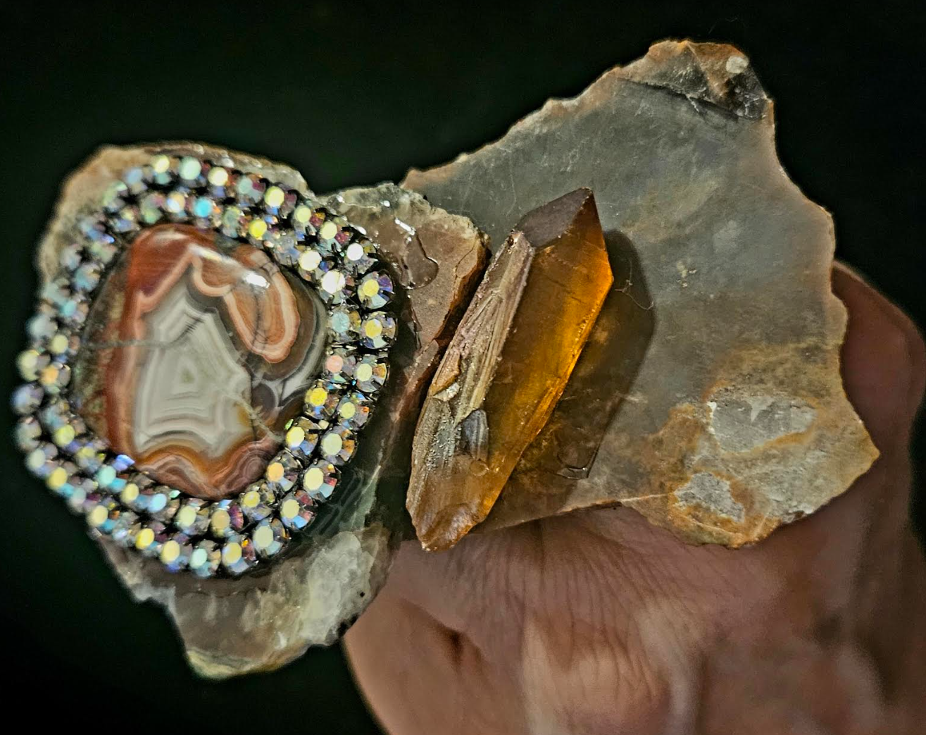 Jasper Slab Hand Ring with Crazy Lace Agate Crystal & Rhinestones, Rustic Unisex Gemstone Statement Ring, Wearable Art Finger Candy