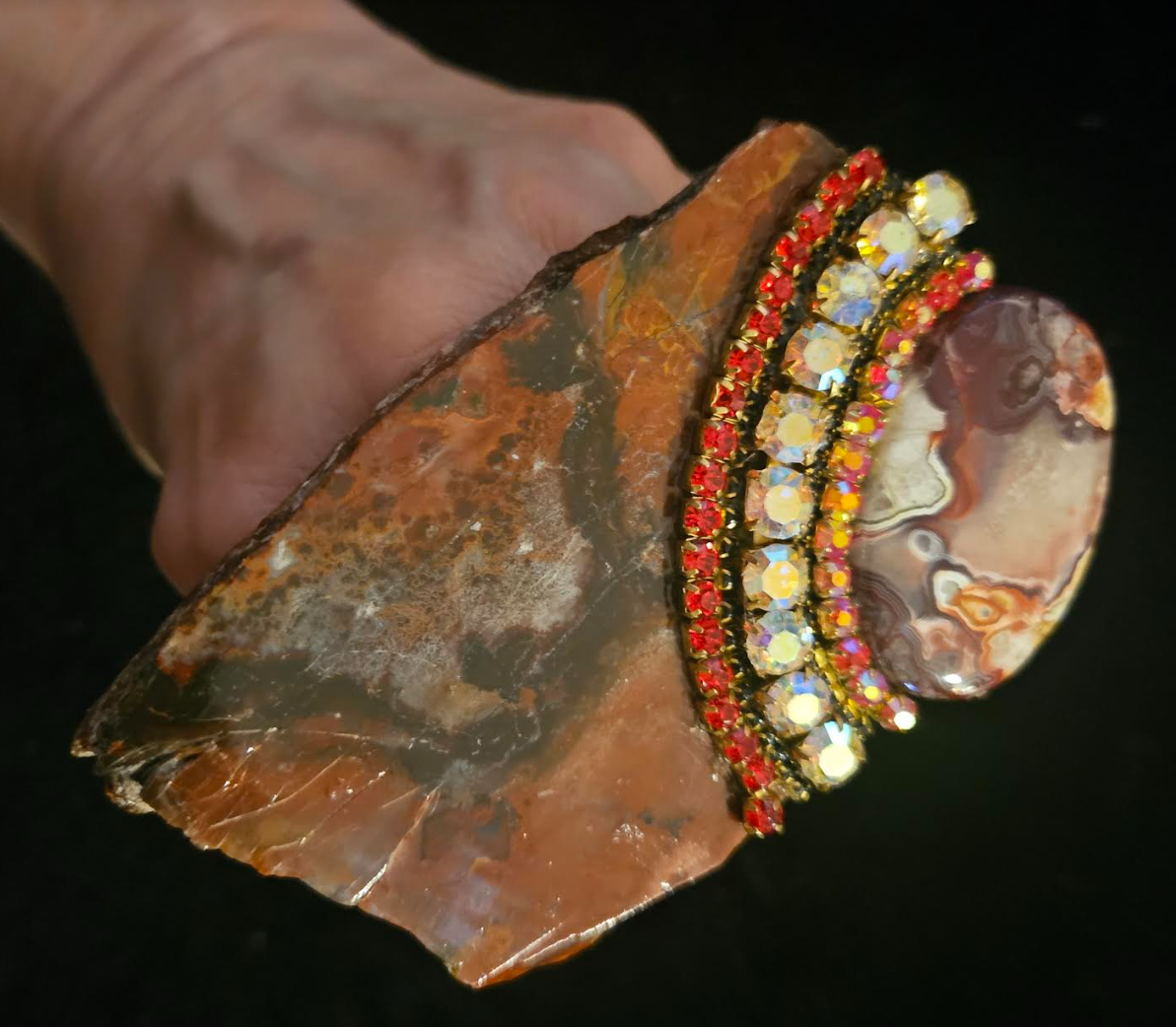 Rustic Red Brown Jasper Slab Druzy Agate & Rhinestone Adjustable Hand Ring, Oversized Gemstone Statement Ring Unisex