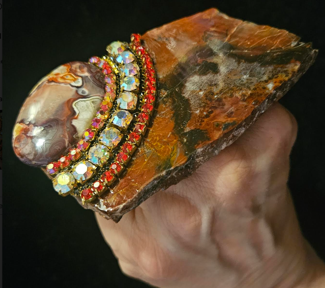 Rustic Red Brown Jasper Slab Druzy Agate & Rhinestone Adjustable Hand Ring, Oversized Gemstone Statement Ring Unisex