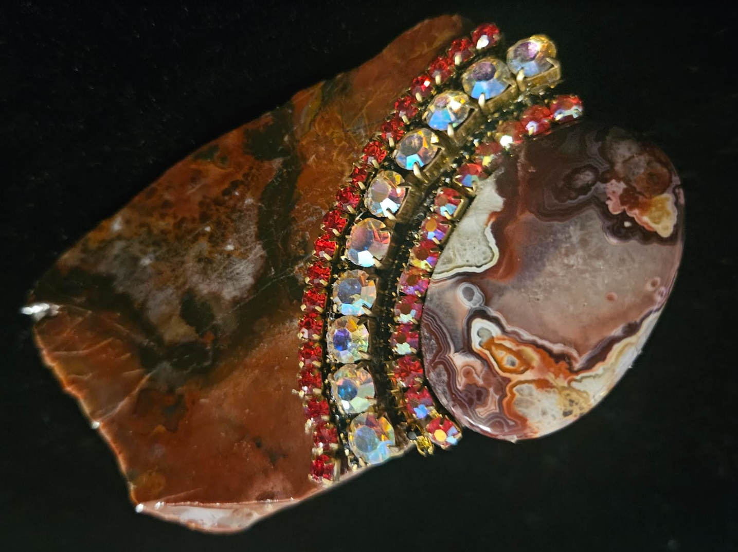 Rustic Red Brown Jasper Slab Druzy Agate & Rhinestone Adjustable Hand Ring, Oversized Gemstone Statement Ring Unisex