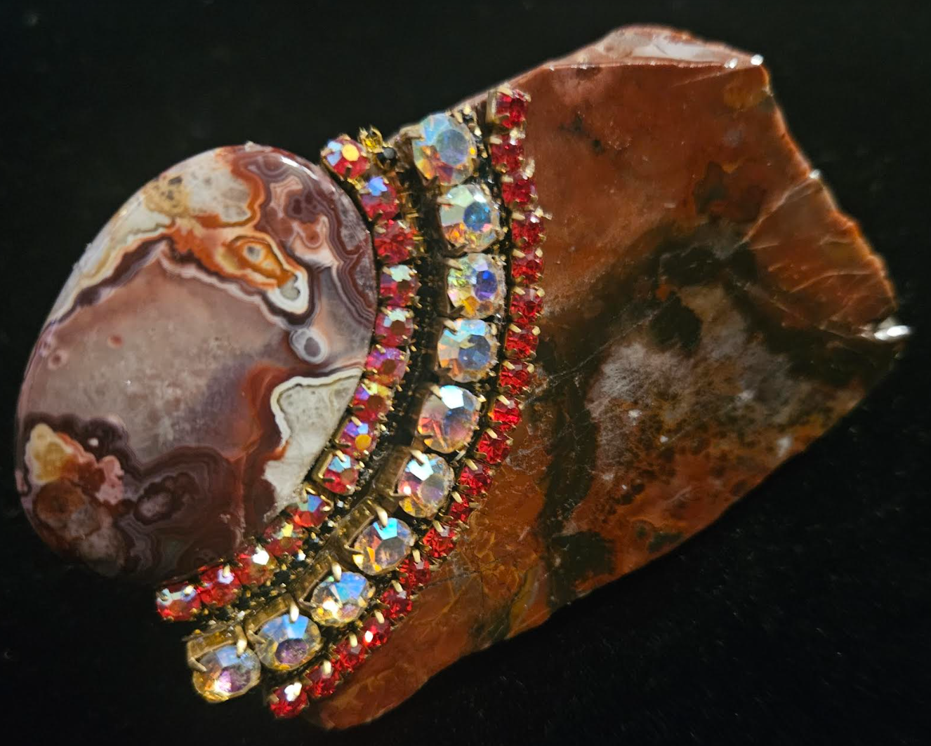 Rustic Red Brown Jasper Slab Druzy Agate & Rhinestone Adjustable Hand Ring, Oversized Gemstone Statement Ring Unisex