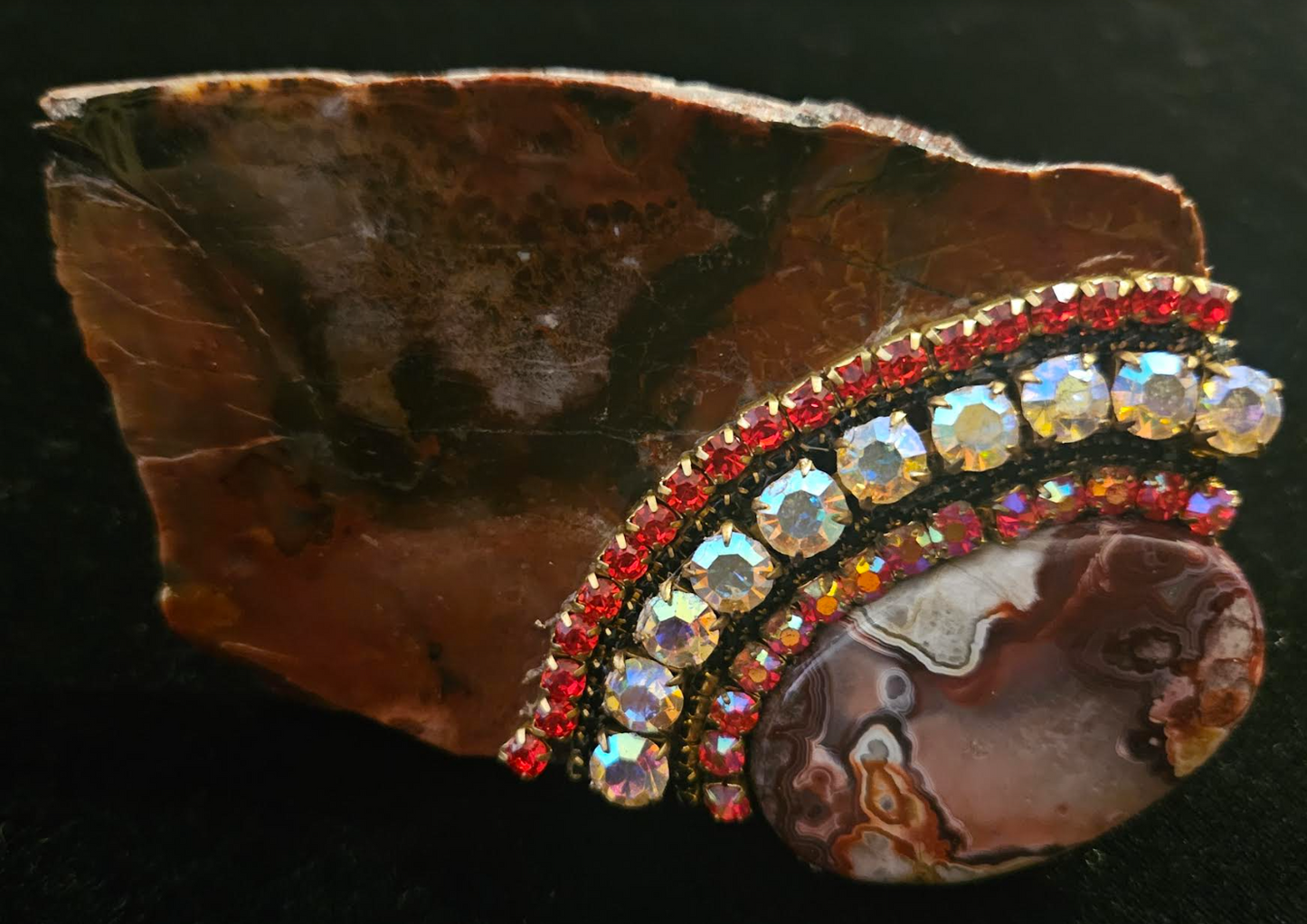 Rustic Red Brown Jasper Slab Druzy Agate & Rhinestone Adjustable Hand Ring, Oversized Gemstone Statement Ring Unisex