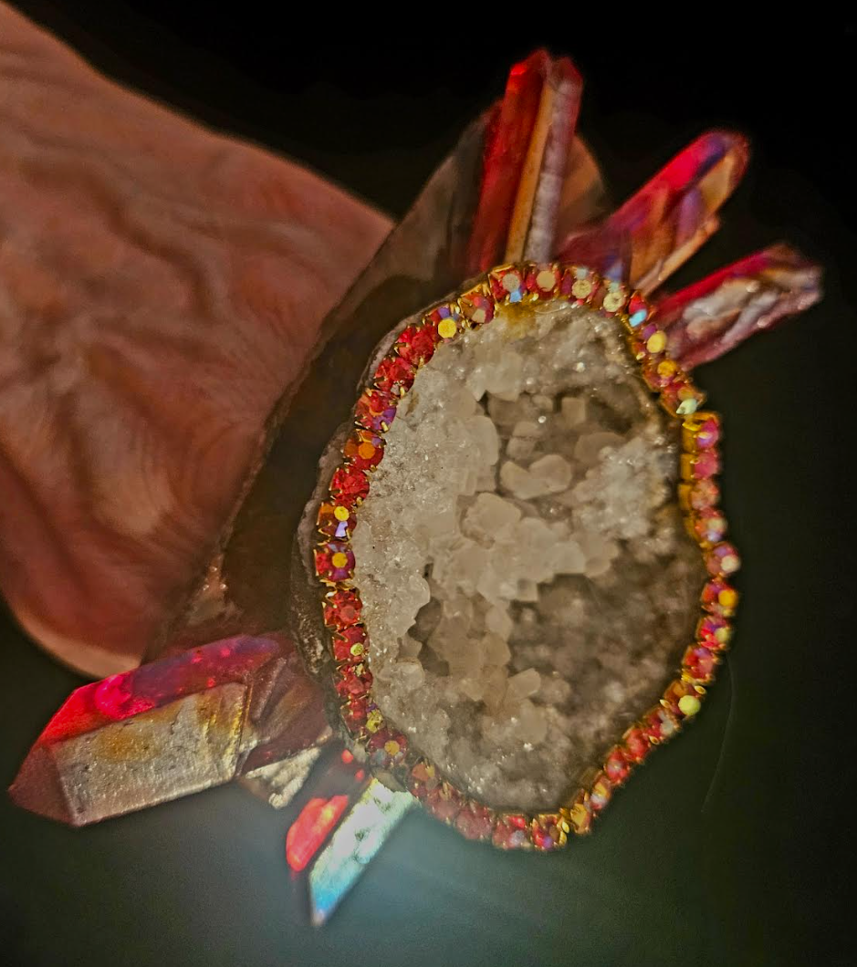 Geode Rhinestone & Ruby Red Crystal Jasper Slab Statement Ring, Oversized Gemstone Adjustable Hand Ring