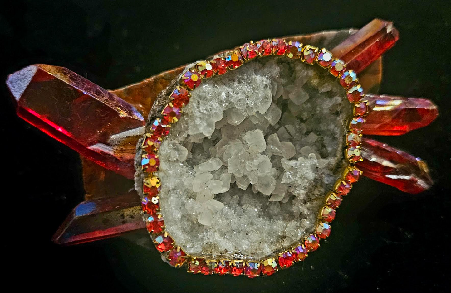 Geode Rhinestone & Ruby Red Crystal Jasper Slab Statement Ring, Oversized Gemstone Adjustable Hand Ring