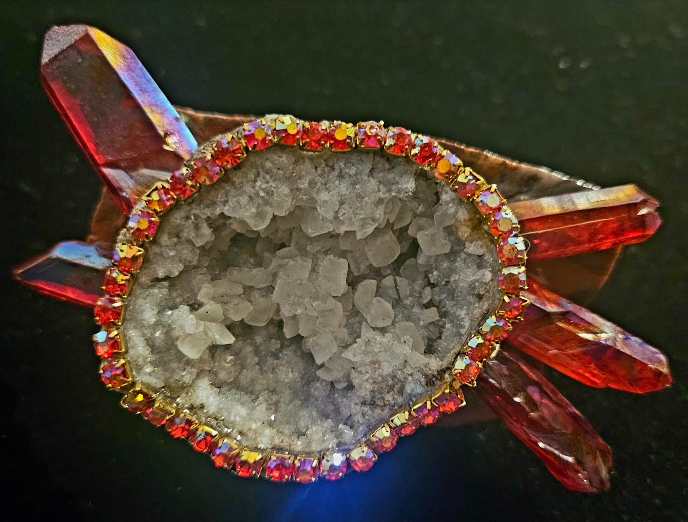 Geode Rhinestone & Ruby Red Crystal Jasper Slab Statement Ring, Oversized Gemstone Adjustable Hand Ring