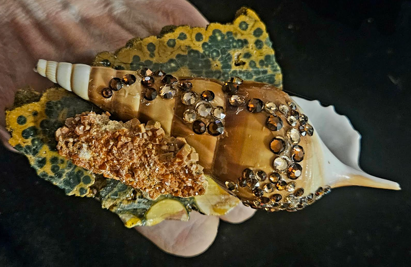 Exotic Shell Vanadanite & Swarovski Crystal Ocean Jasper Adjustable Slab Ring, Oversized Mixed Media Hand Ring, Drag Queen Jewelry