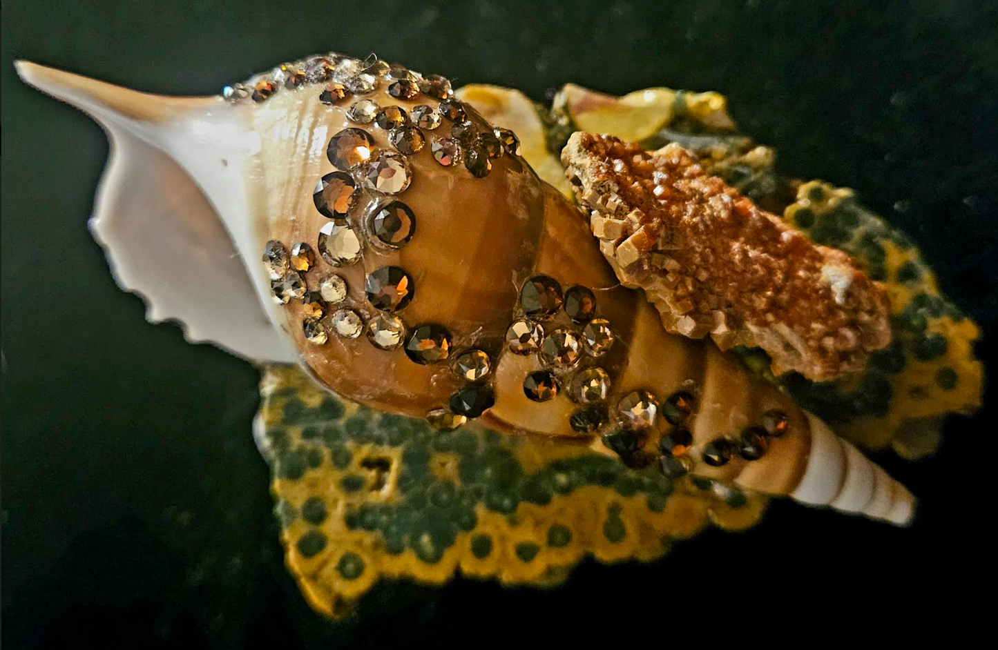 Exotic Shell Vanadanite & Swarovski Crystal Ocean Jasper Adjustable Slab Ring, Oversized Mixed Media Hand Ring, Drag Queen Jewelry