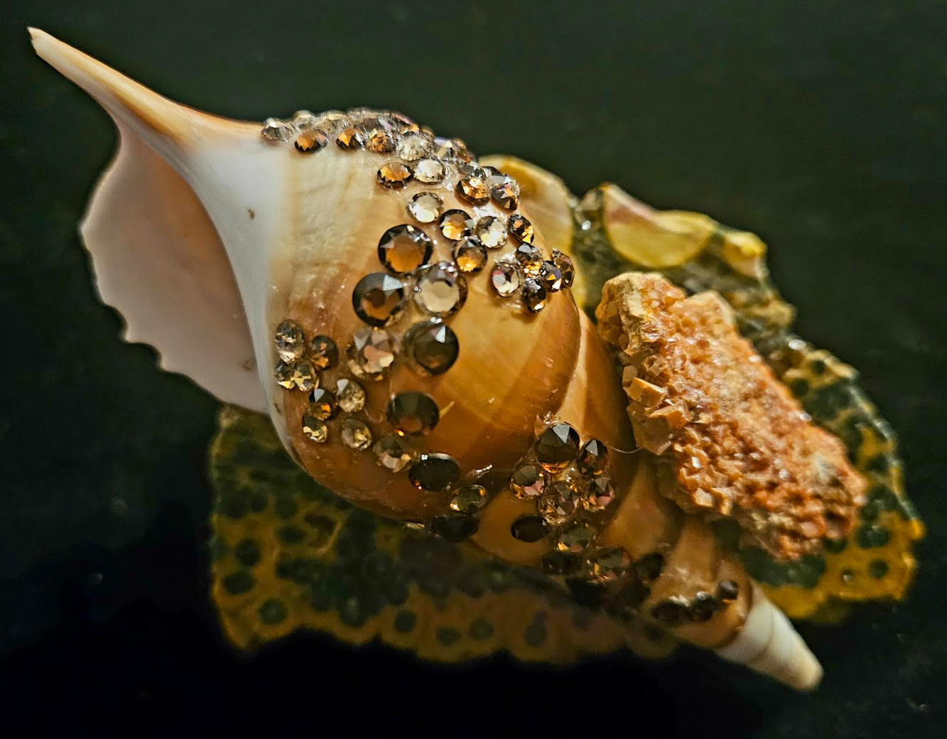 Exotic Shell Vanadanite & Swarovski Crystal Ocean Jasper Adjustable Slab Ring, Oversized Mixed Media Hand Ring, Drag Queen Jewelry