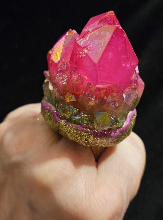 Fuchsia & Green Rough Record Keeper Quartz Adjustable Ring, Sculpted Rough Crystal Oversized Finger Candy, Runway Ready Jewelry