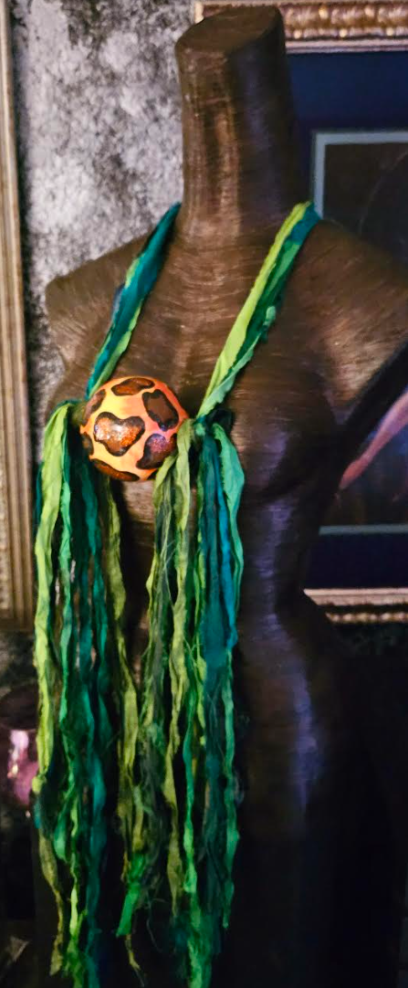 Exotic Green & Blue Raw Sari Silk Chest Piece with Leopard Print Focal Bead, Artisan Boho Couture Statement Pendant, Sari Silk Ribbon Statement Necklace