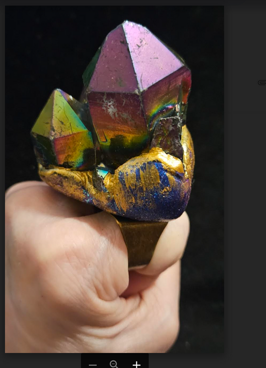 Rough Oversized Titanium Quartz Adjustable Statement Ring, Jewel Tone Sculpted Gemmy Finger Candy, Flashy Two Finger Crystal Knuckles Unisex