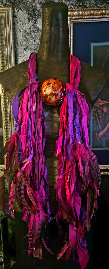 Fuchsia & Purple Sari Silk Ribbon and Feather Chest Piece with Alcohol Ink Focal Bead, Avant Garde Distressed Textile Statement Pendant, Distressed Textile Statement Necklace