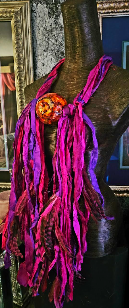 Fuchsia & Purple Sari Silk Ribbon and Feather Chest Piece with Alcohol Ink Focal Bead, Avant Garde Distressed Textile Statement Pendant, Distressed Textile Statement Necklace