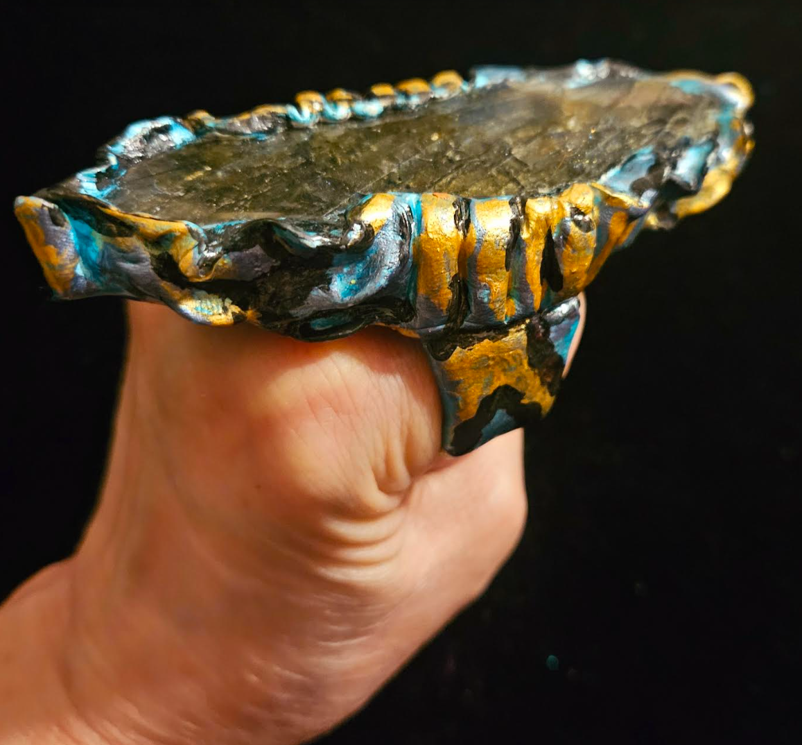 Labradorite Sculpted Two Finger Statement Ring, Flashy Spectrolite Hand Ring, Blue Gray & Gold Gemstone Slab Finger Candy