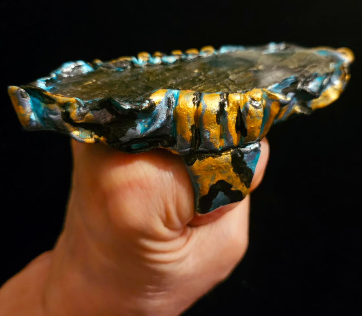 Labradorite Sculpted Two Finger Statement Ring, Flashy Spectrolite Hand Ring, Blue Gray & Gold Gemstone Slab Finger Candy